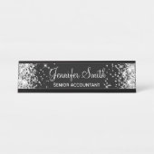 Girly Faux Silver Glitter Black Bureau Naambordje (Voorkant)