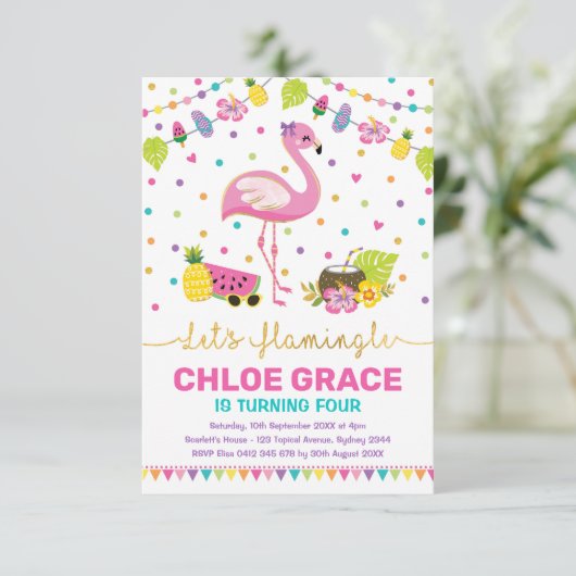 Girly Flamingo Birthday Summer Tropical Pool Party Kaart (Staand voorkant)