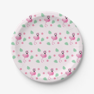 Girly Flamingo Tropical Flowers Leaf Pattern Roze Papieren Bordje