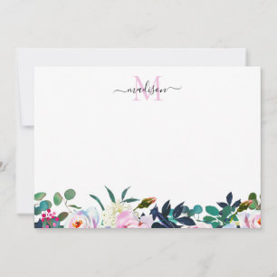 Girly Floral Blush Pink Peony Botanical Monogram Notitiekaartje