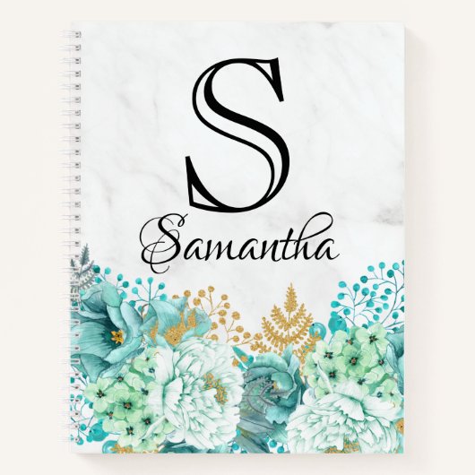 Girly Floral Bouquet Mint Marble Monogram Initiaal Notitieboek (Voorkant)