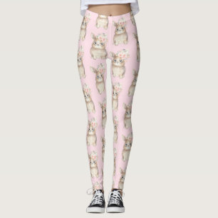 Girly Floral Bunny Rabbit Waterverf Blush Flowers Leggings