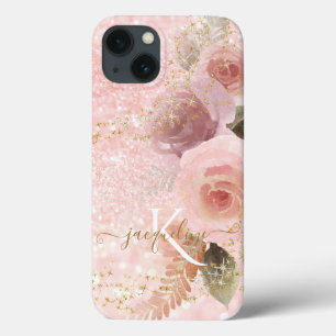 Girly Floral Elegant Pink Glitter Gold Stars Naam iPhone 13 Hoesje