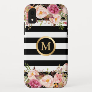 Girly Floral Gold Monogram Black White Stripes iPhone XR Hoesje