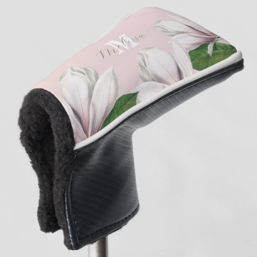 Girly Floral Magnolia Pink Monogram Name Golf He Golfheadcover (3/4 voorkant)