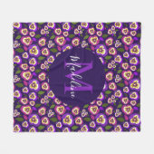 Girly Floral Pansies Pattern Paarse Monogram Fleece Deken (Voorkant (Horizontaal))