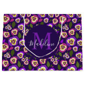 Girly Floral Pansies Pattern Paarse Monogram Groot Cadeauzakje (Voorkant)