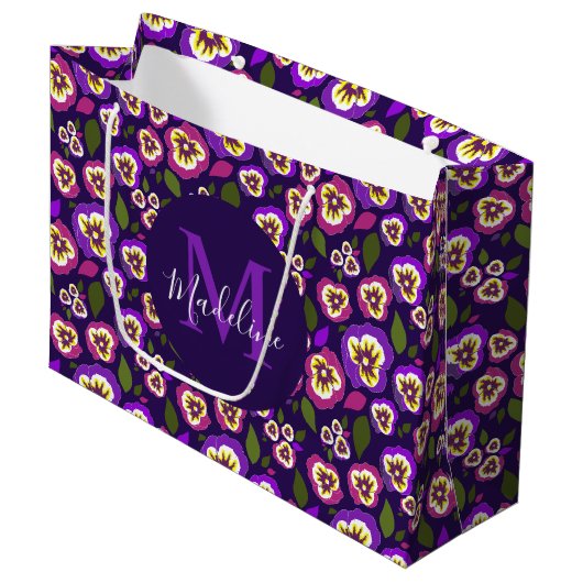 Girly Floral Pansies Pattern Paarse Monogram Groot Cadeauzakje (Voorkant Gekanteld)