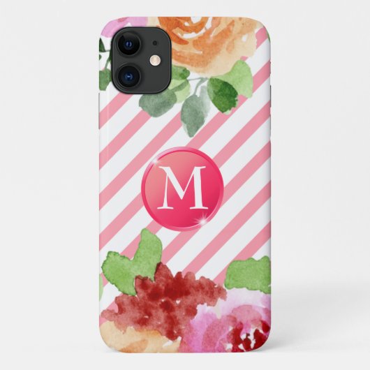 Girly Floral Stripes Monogram Aangepast Case-Mate iPhone Case (Achterkant)