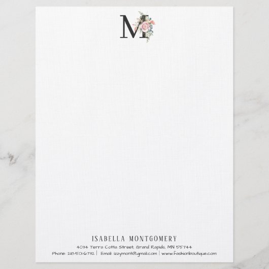 Girly Floral Waterverf Boho | Monogram Briefhoofd (Voorkant)