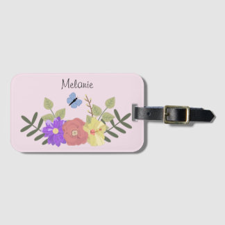 Girly Flowers and Butterfly Pastel Pink Name Bagagelabel
