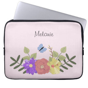 Girly Flowers and Butterfly Pastel Pink Name Laptop Sleeve