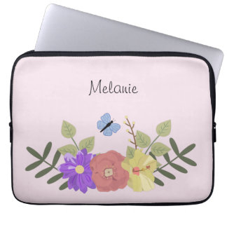 Girly Flowers and Butterfly Pastel Pink Name Laptop Sleeve