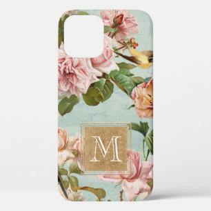 Girly Flowers Gold Glitter Mint Monogram iPhone 12 Hoesje