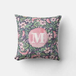 Girly Flowers Lila roze zwarte groene donkere mono Kussen