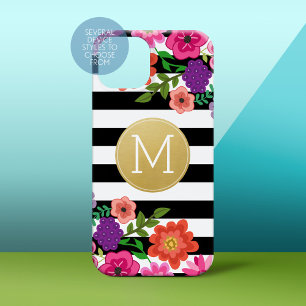 Girly Flowers, Stripes, Gold Monogram Black White