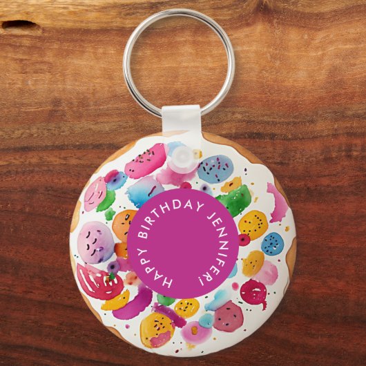 Girly Fun Kleurrijke Hot Roze Witte Donut Waterver Sleutelhanger (Voorkant)