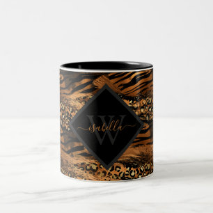 Girly Fun Modern Copper Glitter Script Monogram Tw Tweekleurige Koffiemok