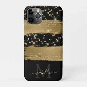 Girly Fun Zwart Goud Glitter Script Monogrammed iPhone 11 Pro Hoesje