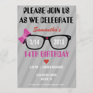 Girly Geek Glasses & Hearts Birthday Invitation Kaart