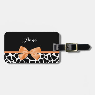 Girly Giraffe print Oranje lintje met naam Bagagelabel