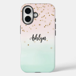 Girly Glam Blush Pink Mint Gold Sparkle Confetti iPhone 16 Hoesje