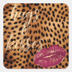Girly Glam Cheetah Leopard Knuffels & Kisses Lippe Vierkante Sticker