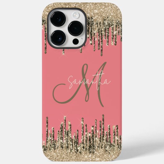 Girly Glam Glittery Pink & Golden Monogram Case-Mate iPhone Case (Achterkant)
