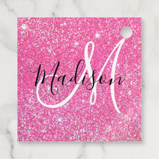 Girly Glam Hot Pink Glitter Sparkles Monogram Bedankjes Labels (Achterkant)