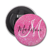 Girly Glam Hot Pink Glitter Sparkles Monogram Button Flesopener (Voorkant)