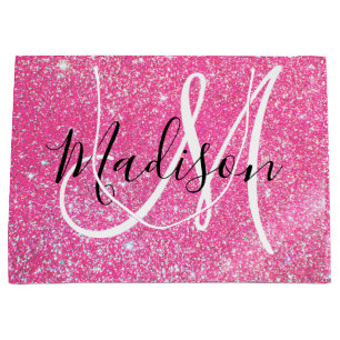 Girly Glam Hot Pink Glitter Sparkles Monogram Groot Cadeauzakje