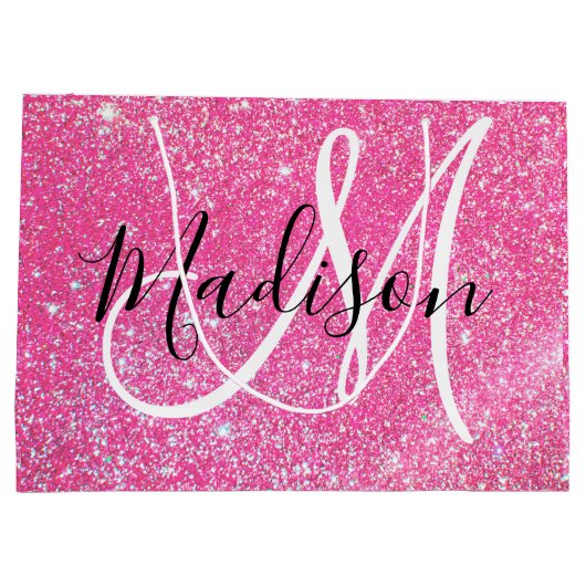Girly Glam Hot Pink Glitter Sparkles Monogram Groot Cadeauzakje (Achterkant)