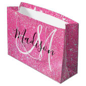 Girly Glam Hot Pink Glitter Sparkles Monogram Groot Cadeauzakje (Achterkant Gekanteld)