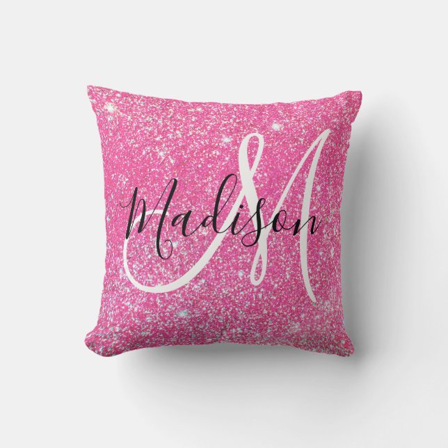 Girly Glam Hot Pink Glitter Sparkles Monogram Kussen (Voorkant)