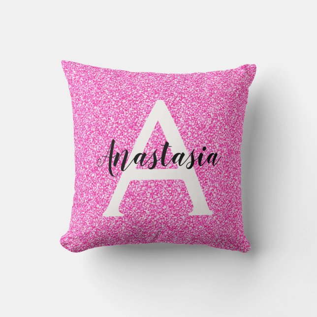 Girly Glam Hot Pink Glitter Sparkles Monogram Kussen (Voorkant)