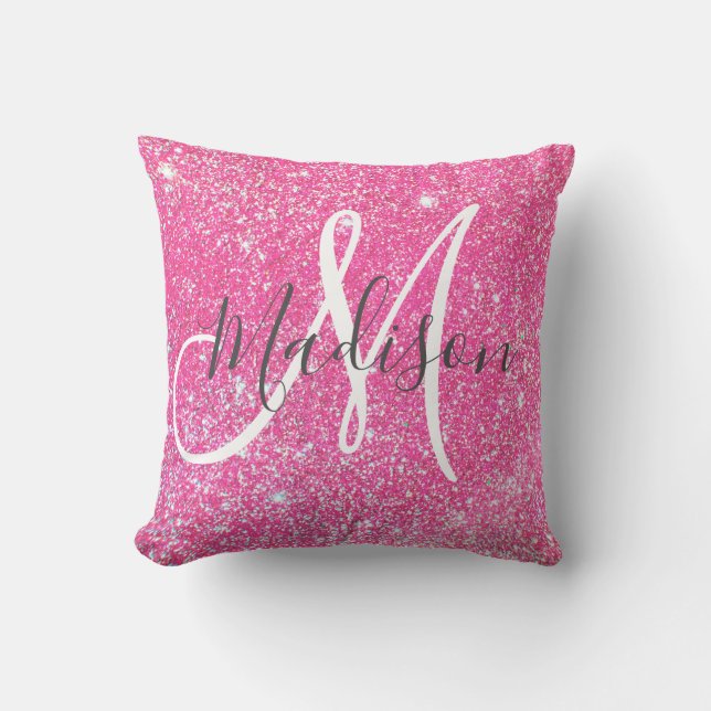 Girly Glam Hot Pink Glitter Sparkles Monogram Kussen (Voorkant)