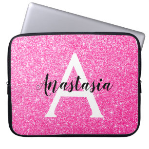 Girly Glam Hot Pink Glitter Sparkles Monogram Laptop Sleeve