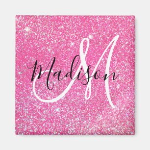 Girly Glam Hot Pink Glitter Sparkles Monogram Magneet