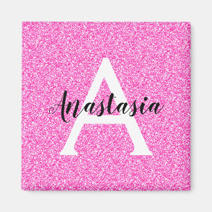 Girly Glam Hot Pink Glitter Sparkles Monogram Magneet