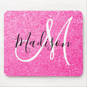 Girly Glam Hot Pink Glitter Sparkles Monogram Muismat