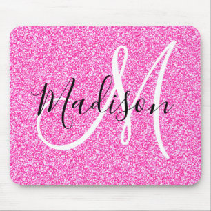 Girly Glam Hot Pink Glitter Sparkles Monogram Muismat