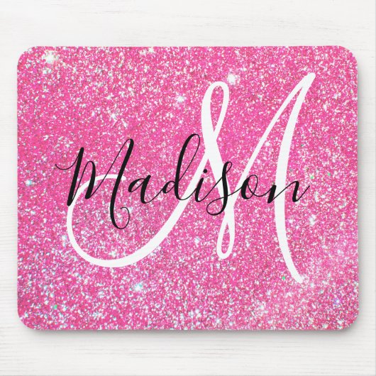 Girly Glam Hot Pink Glitter Sparkles Monogram Muismat (Voorkant)