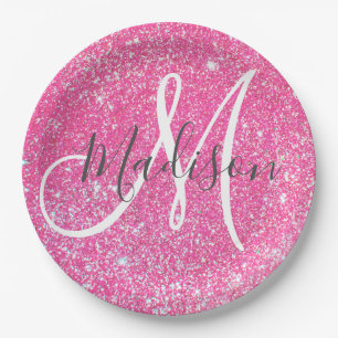 Girly Glam Hot Pink Glitter Sparkles Monogram Papieren Bordje
