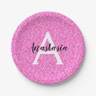 Girly Glam Hot Pink Glitter Sparkles Monogram Papieren Bordje