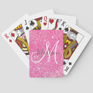 Girly Glam Hot Pink Glitter Sparkles Monogram Pokerkaarten
