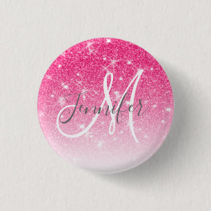 Girly Glam Hot Pink Glitter Sparkles Monogram Ronde Button 3,2 Cm
