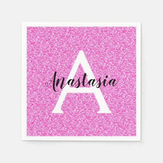 Girly Glam Hot Pink Glitter Sparkles Monogram Servet (Voorkant)