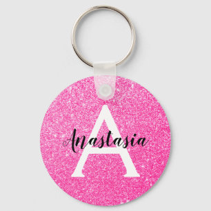 Girly Glam Hot Pink Glitter Sparkles Monogram Sleutelhanger