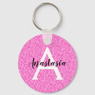 Girly Glam Hot Pink Glitter Sparkles Monogram Sleutelhanger