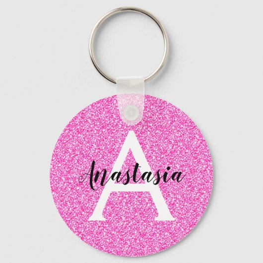 Girly Glam Hot Pink Glitter Sparkles Monogram Sleutelhanger (Voorkant)
